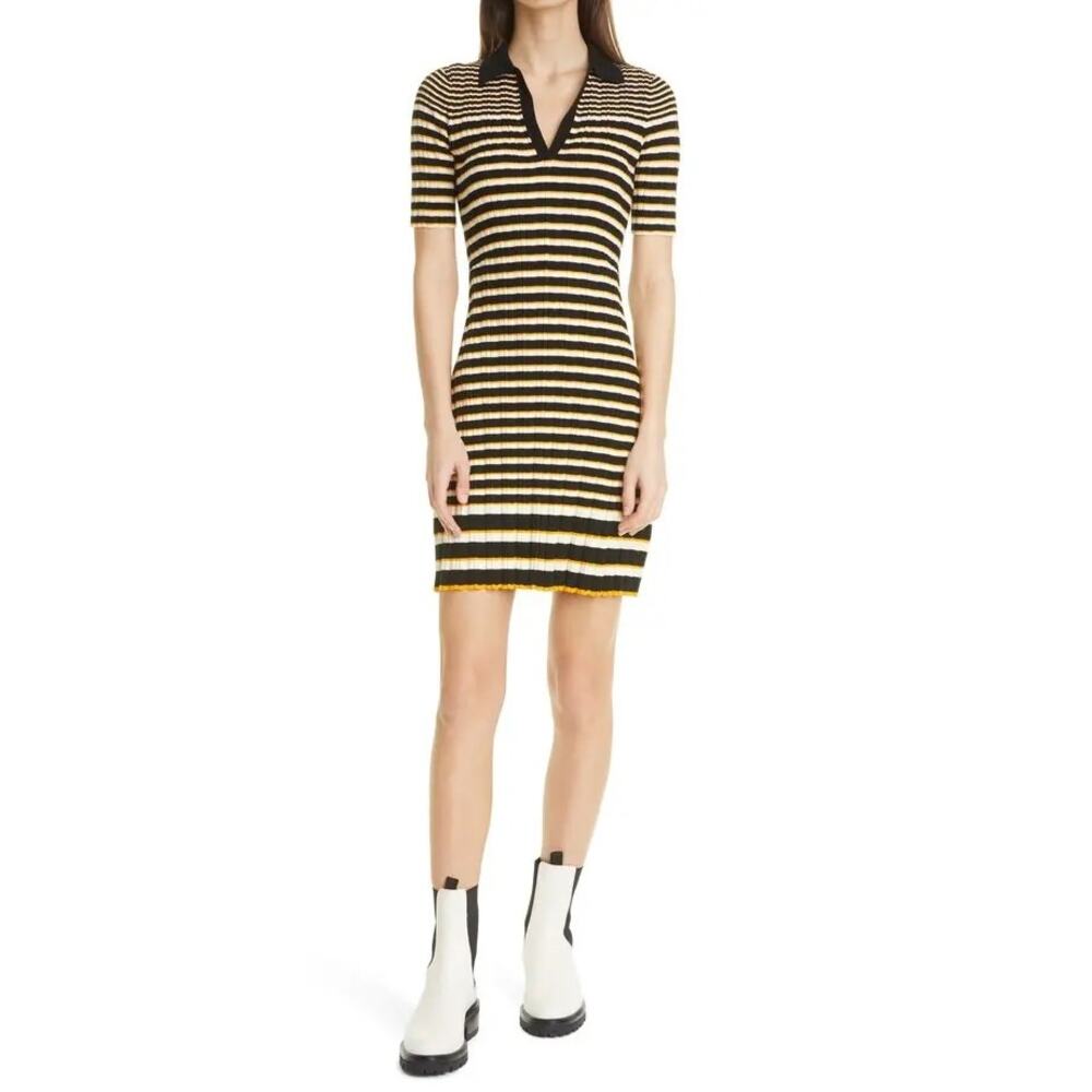 Theory Hudson Black Ivory Metallic Gold Striped Ribbed Polo Mini Sweater Dress M